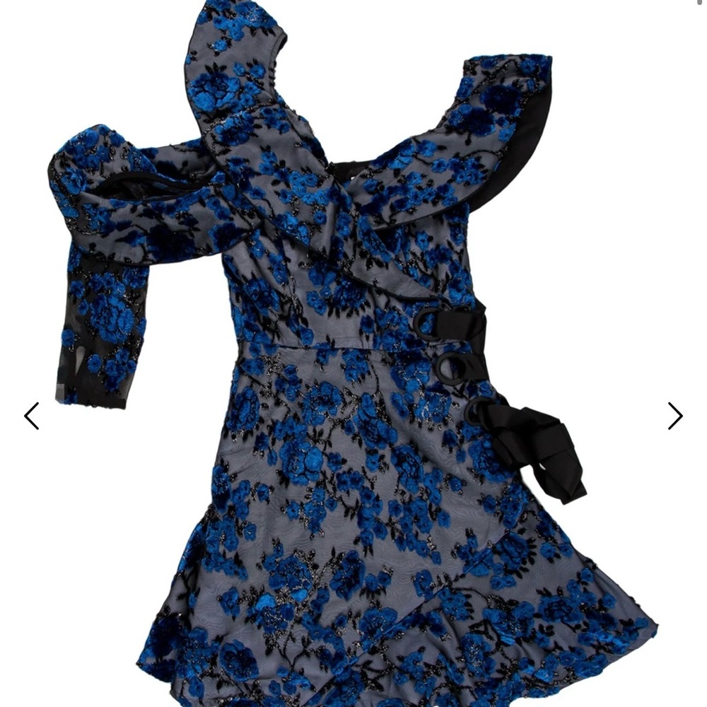 Self-Portrait One Shoulder Velvet Devoré Mini Dress Blue NWT Size 0 - Picture 7 of 17